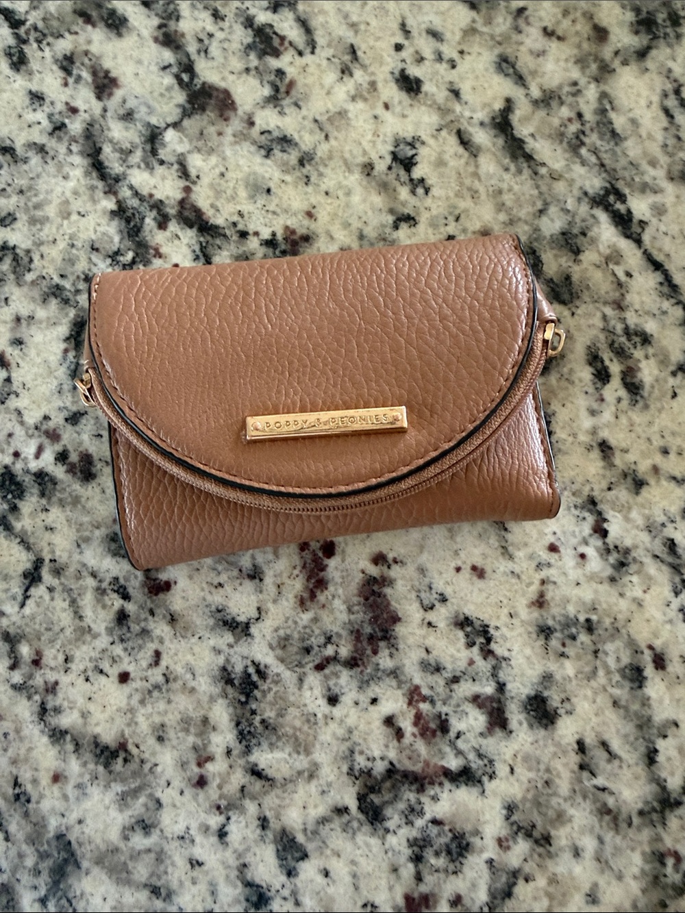 Poppy & Peonies Tan Pebbled Leather Mini Wallet with Gold Plate